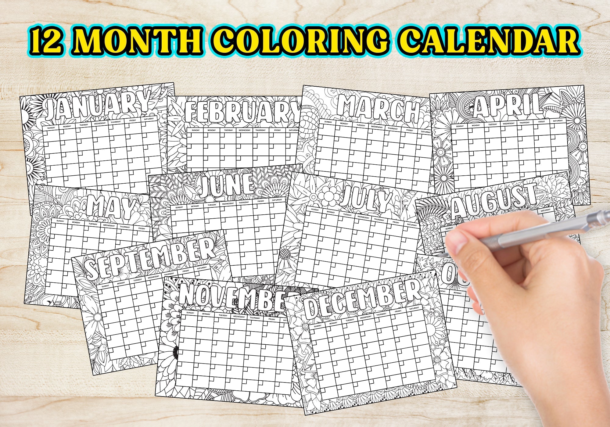 PDF Flower Pattern 12 Month Coloring Calendar, Printable  Floral Coloring Calendar,  Doodle Calendar to Color