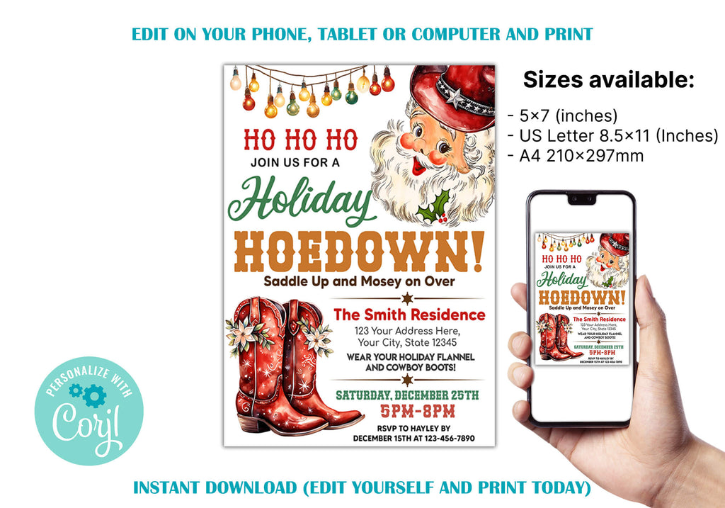 Holiday Hoedown Invitation Template | Western Country Xmas Holiday Party Invite