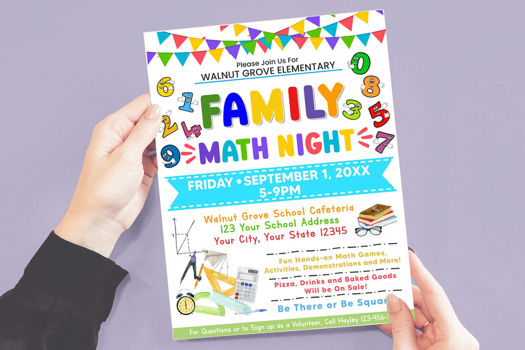 DIY Editable Family Math Night Flyer, Customizable PTO PTA Family School Math Flyer Printable