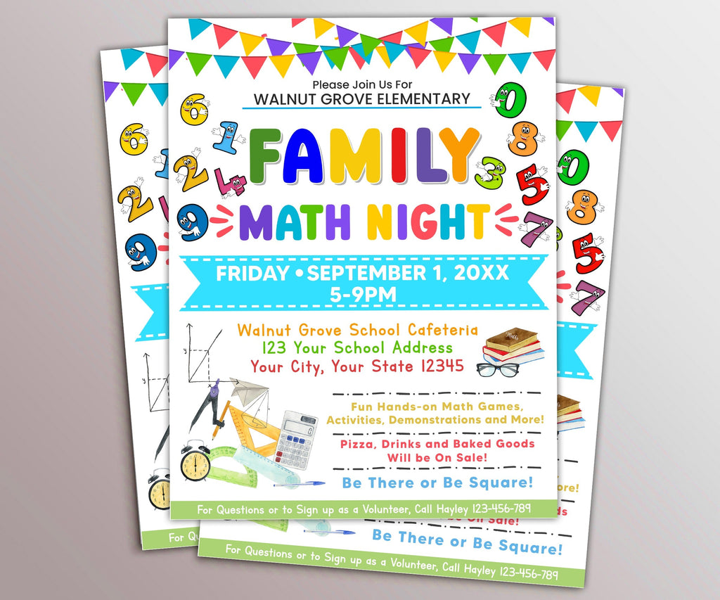 DIY Editable Family Math Night Flyer, Customizable PTO PTA Family School Math Flyer Printable