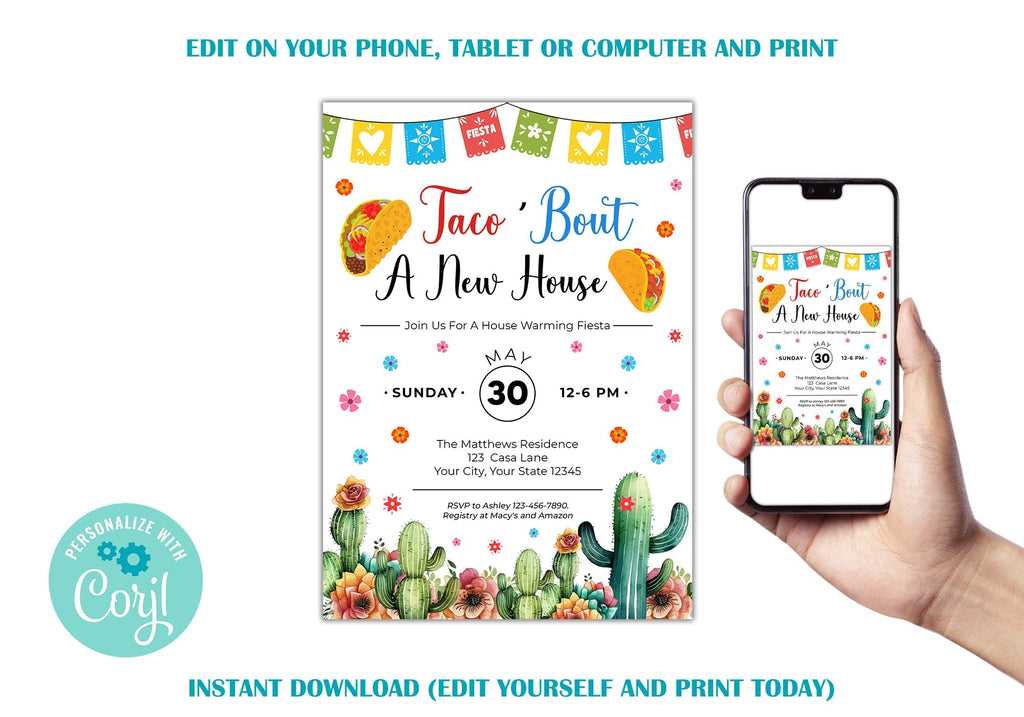 Customizable Taco Bout A New House Invitation | Fiesta Themed House Warming Invite Template
