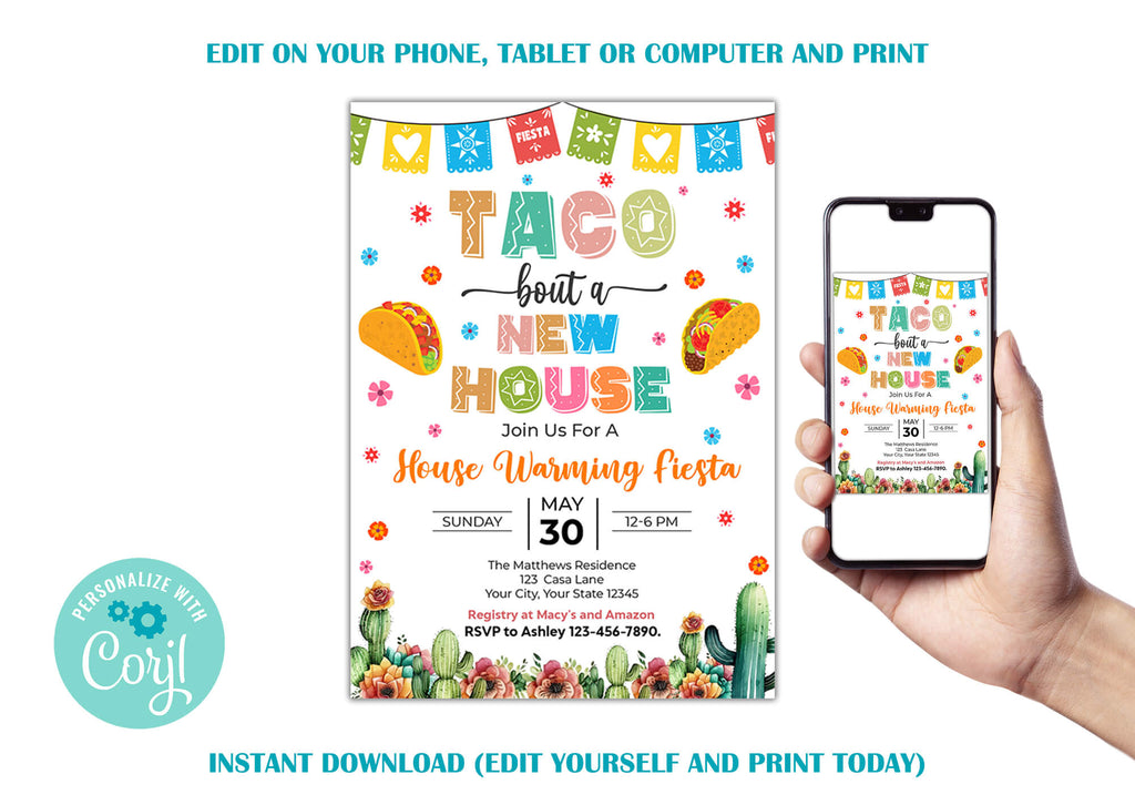 DIY Taco Bout A New House Invitation | Mexican Fiesta Themed House Warming Invite Template