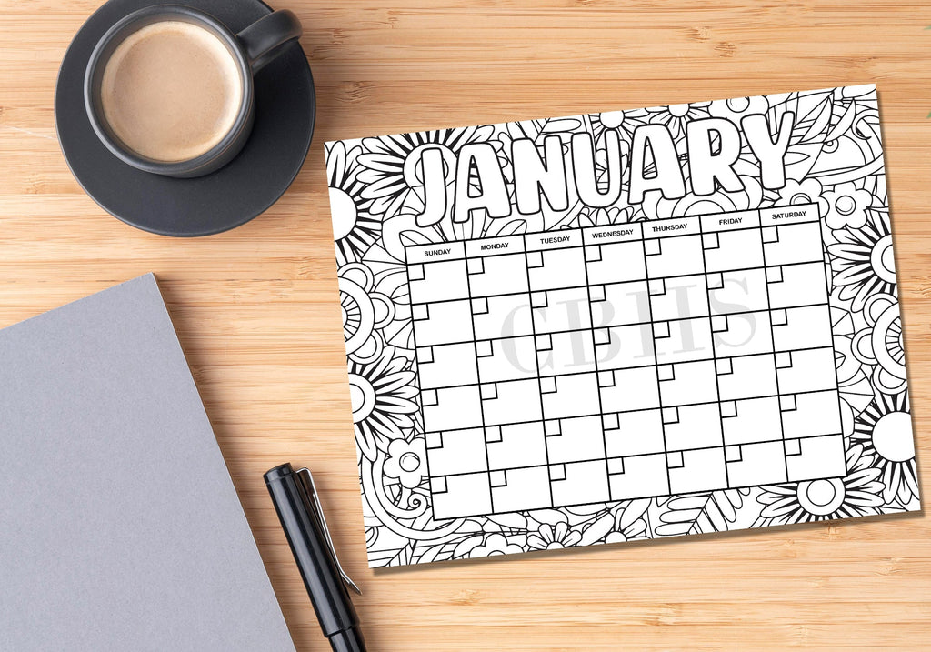 PDF Flower Pattern 12 Month Coloring Calendar, Printable  Floral Coloring Calendar,  Doodle Calendar to Color