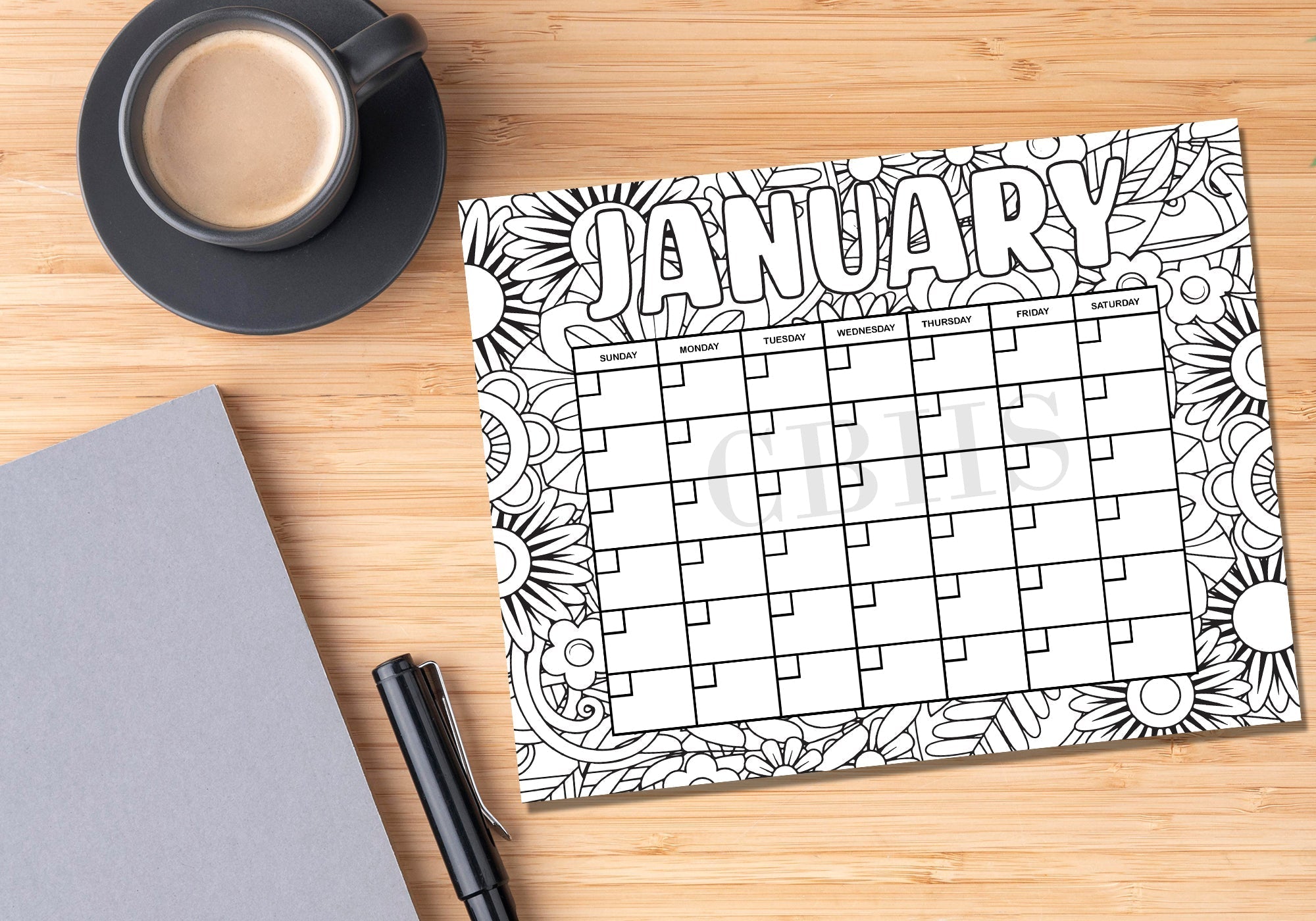 PDF Flower Pattern 12 Month Coloring Calendar, Printable  Floral Coloring Calendar,  Doodle Calendar to Color