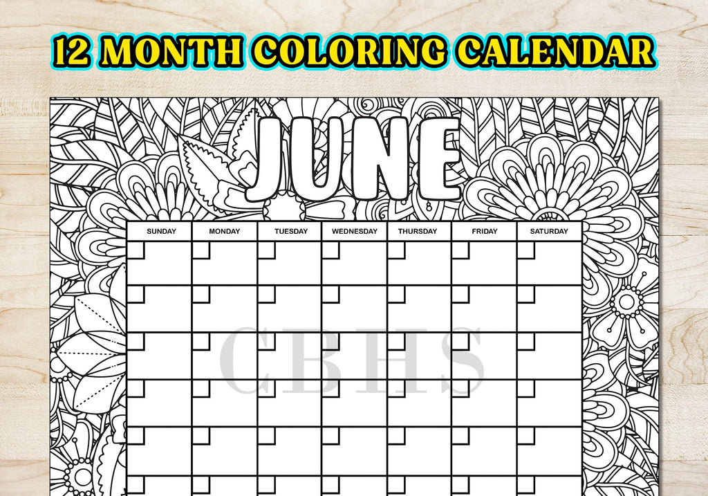 PDF Flower Pattern 12 Month Coloring Calendar, Printable  Floral Coloring Calendar,  Doodle Calendar to Color