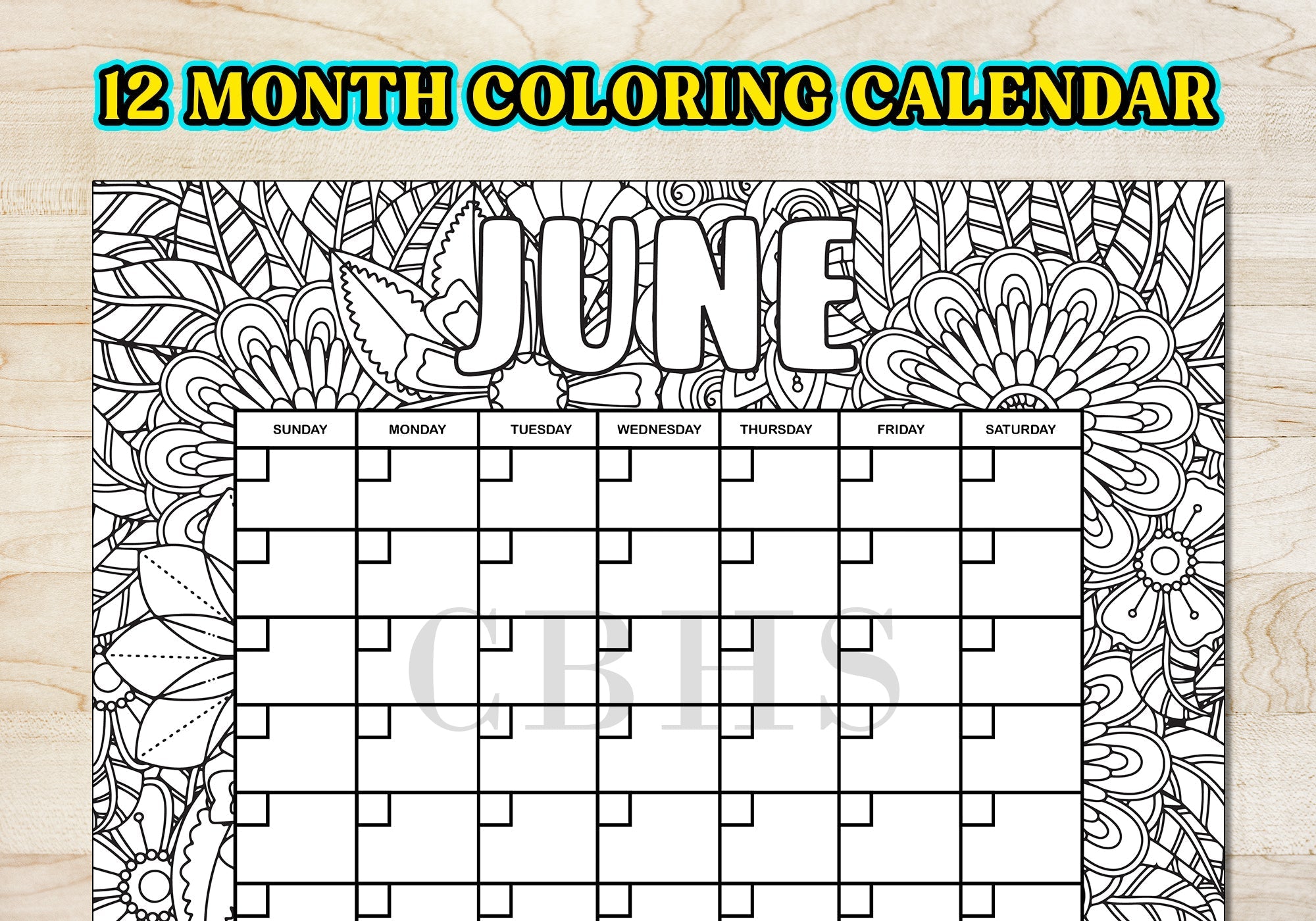 PDF Flower Pattern 12 Month Coloring Calendar, Printable  Floral Coloring Calendar,  Doodle Calendar to Color