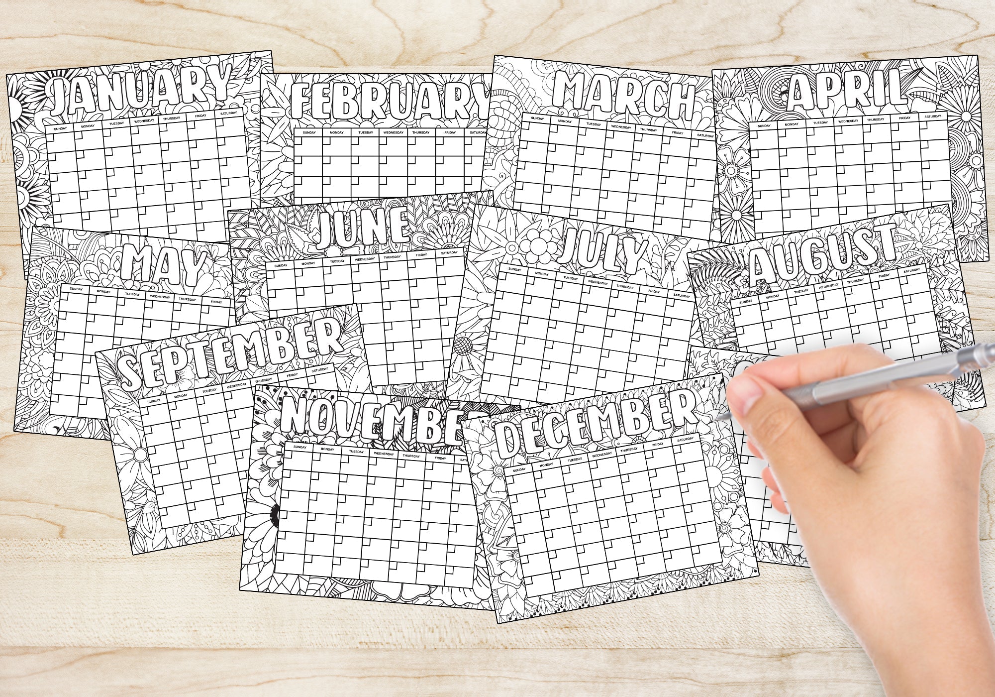 PDF Flower Pattern 12 Month Coloring Calendar, Printable  Floral Coloring Calendar,  Doodle Calendar to Color