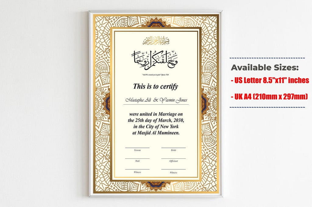 Editable Islamic Marriage Certificate, Customizable Nikah Template, Gold and Brown Nikah Certificate